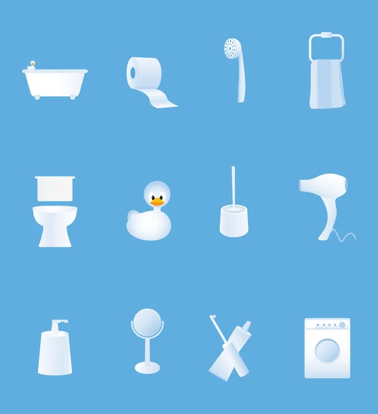 Bathroom equipment set of white icons on blue background — Stock Vector