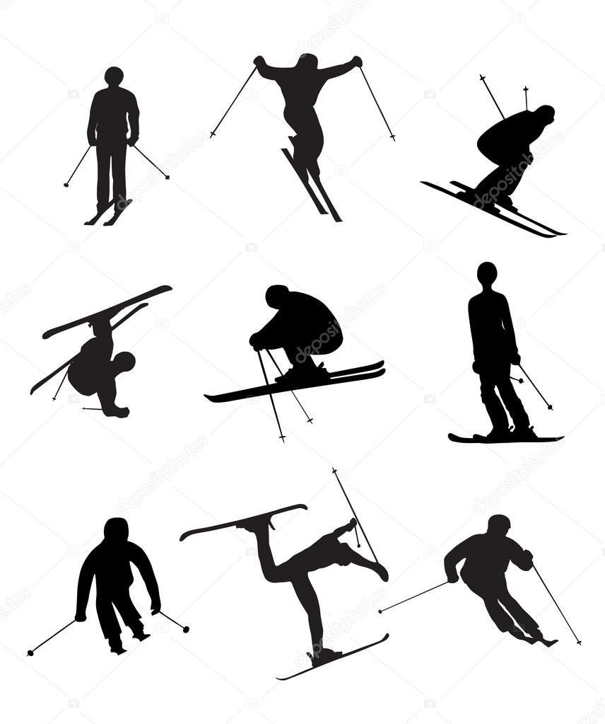Skiing silhouettes on the white background