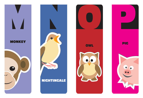 Bookmarks - animal alphabet M for monkey, N for nightingale, O f