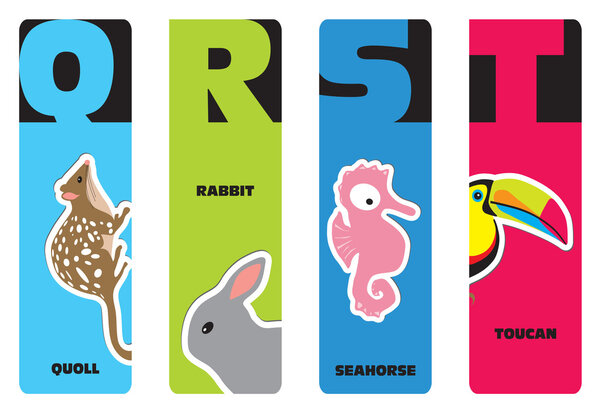Bookmarks - animal alphabet Q for quoll, R for rabbit, S for sea