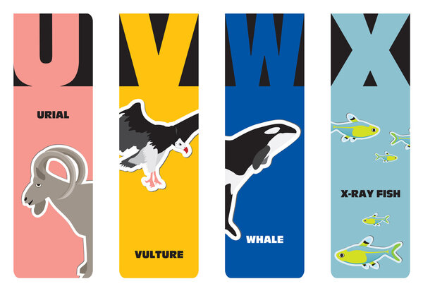 Bookmarks - animal alphabet U for urial, V for vulture, W for wh