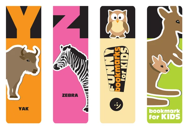 Bookmarks - animal alphabet Y for yak, Z for zebra; for kids — Stock Vector