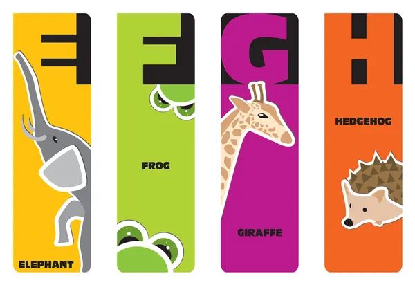 Закладки - тваринний алфавіт E для слона, F для жаби, G для гітару — стоковий вектор