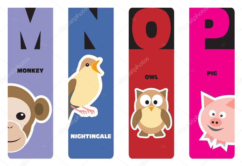 Bookmarks - animal alphabet M for monkey, N for nightingale, O f