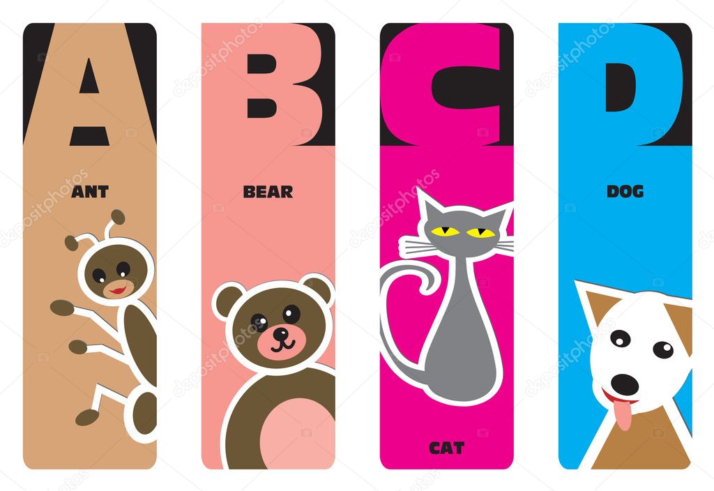 Bookmarks - animal alphabet A for ant, B for bear, C for cat, D