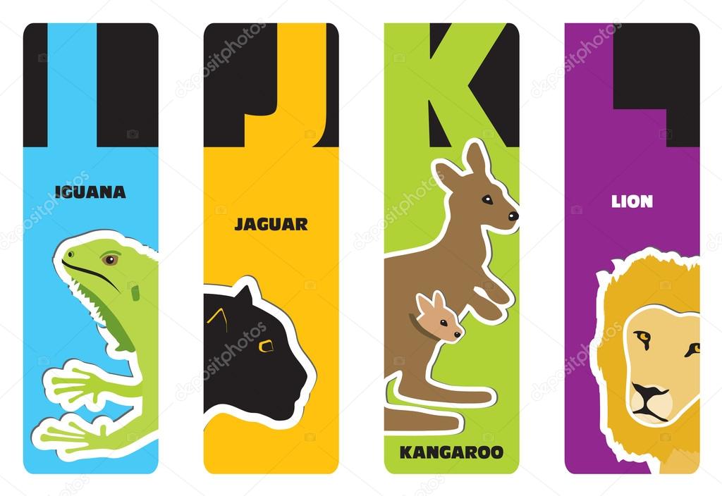 Bookmarks - animal alphabet I for iguana, J for jaguar, K for ka