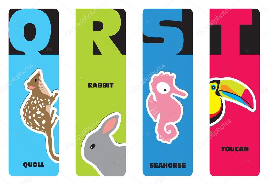 Bookmarks - animal alphabet Q for quoll, R for rabbit, S for sea