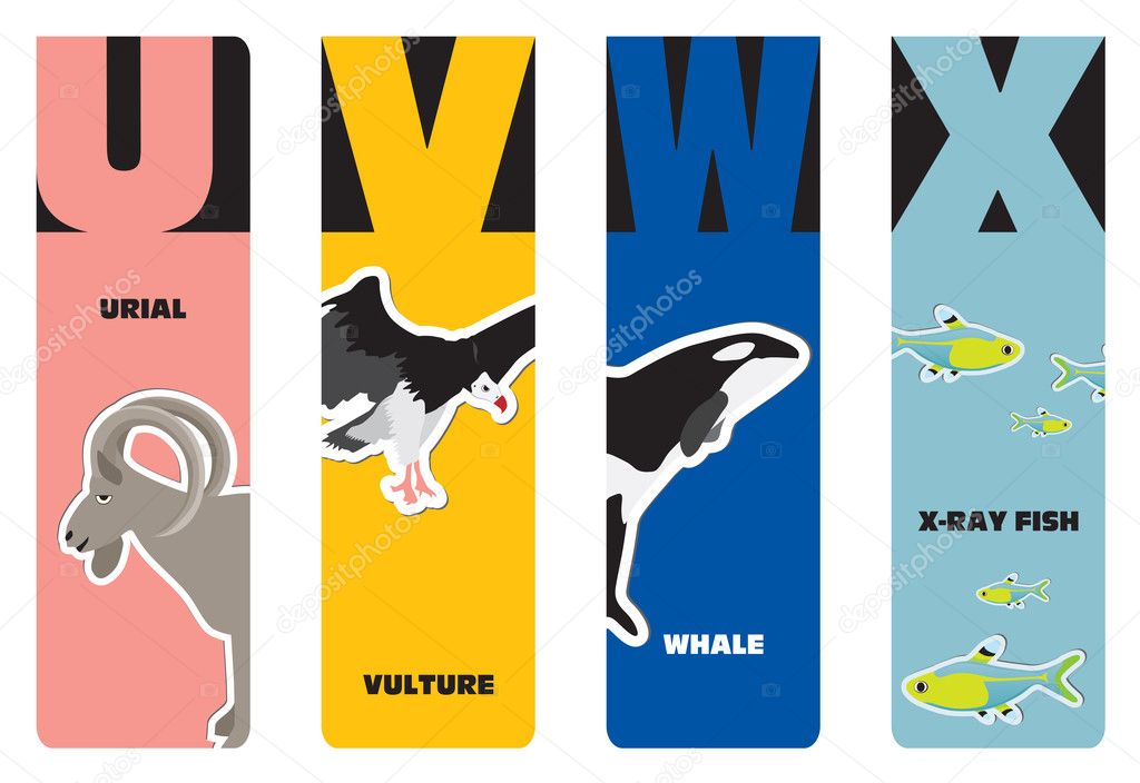 Bookmarks - animal alphabet U for urial, V for vulture, W for wh