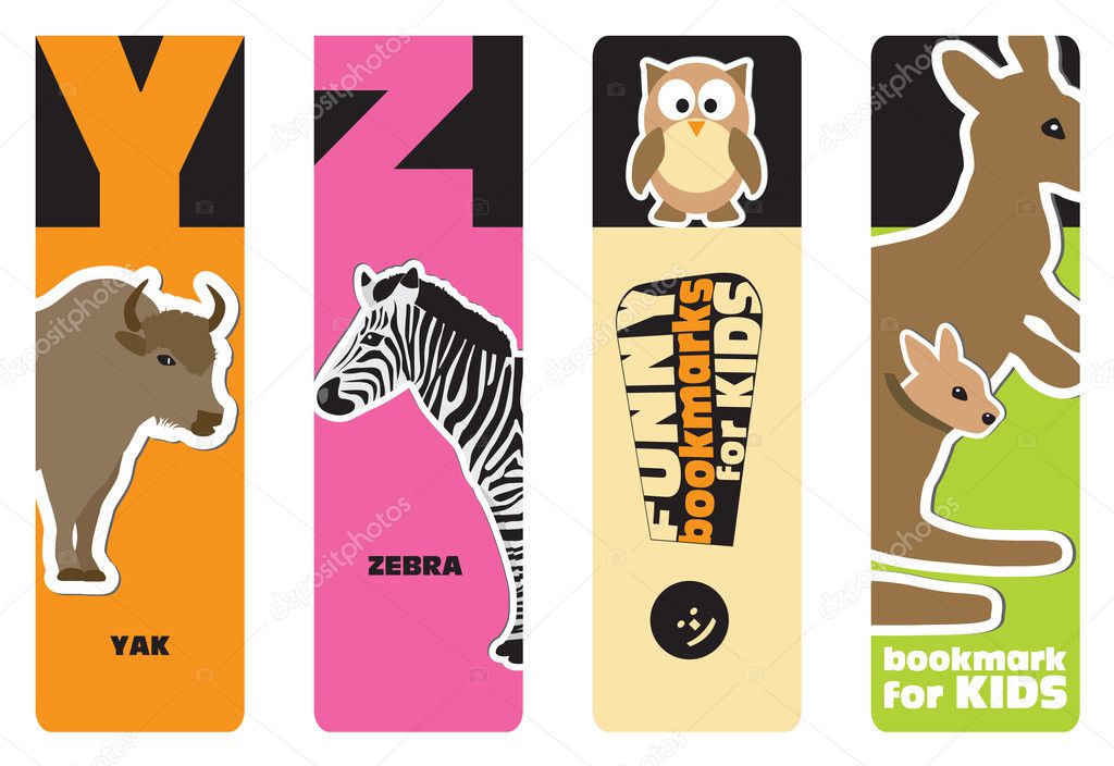 Bookmarks - animal alphabet Y for yak, Z for zebra; for kids