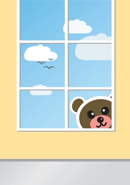 Medvídek při pohledu z venku do místnosti skrze okno — Stockový vektor