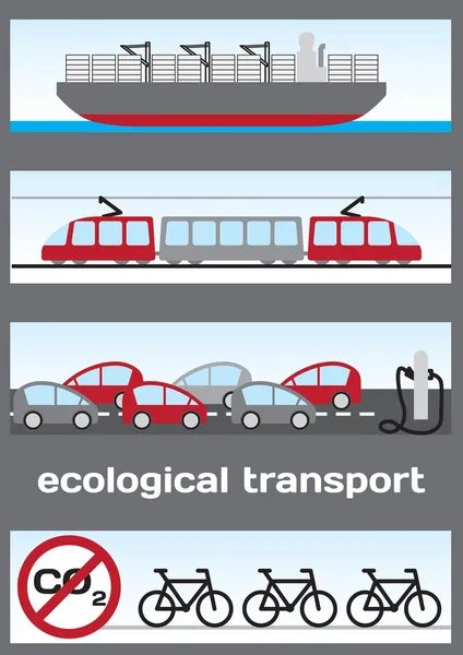 Экологический транспорт - корабль, электропоезд, электромобили и b — стоковый вектор