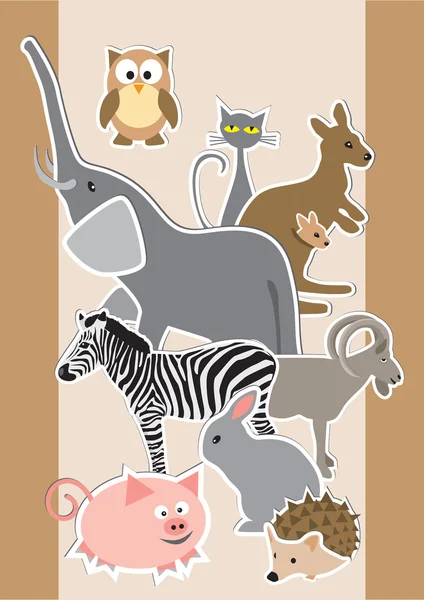 Animali in stile cartone animato: gufo, elefante, maiale, zebra, coniglio, gatto ka — Vettoriale Stock