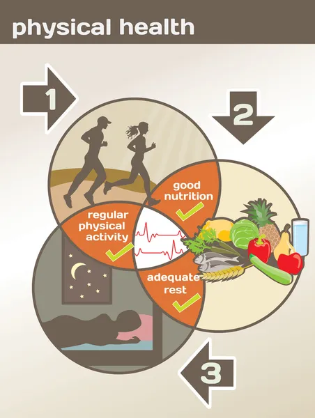 Fysisk hälsa diagram: fysisk aktivitet, bra kost, Mikaela — Stock vektor