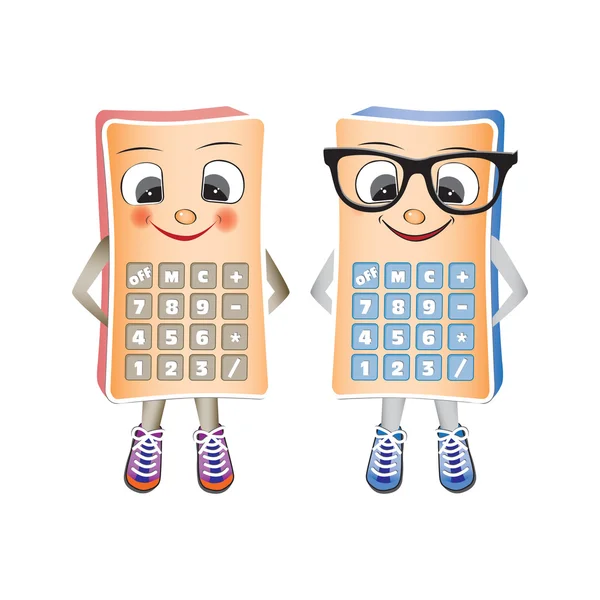 Kalkulator przyjazny mascote, kobieta i mężczyzna na białym tle na wh — Wektor stockowy