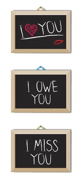 Сообщение chalk board with signs: I love you, I owe you and I miss — стоковый вектор