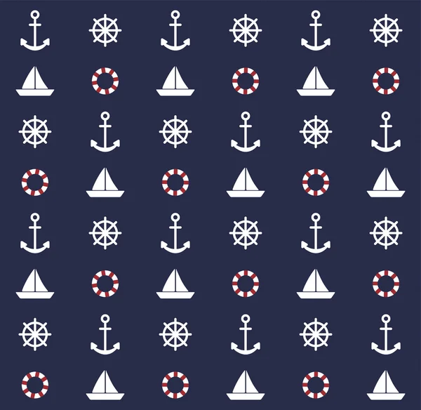 Marinblå bakgrund med båt, ankare, styrning roder Royaltyfria illustrationer