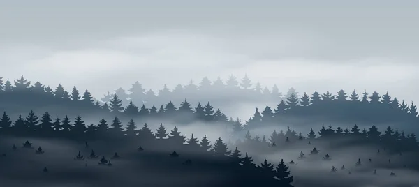 Hermoso Bosque Coníferas Con Niebla — Vector de stock