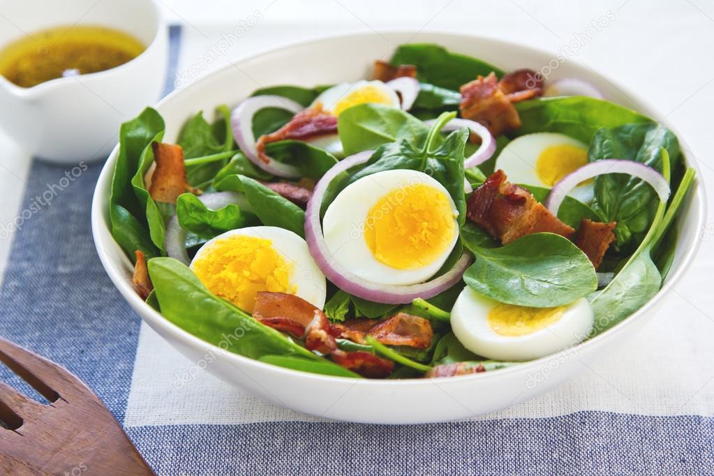 Bacon with egg and spinach salad Stock Photo by ©vanillaechoes 40938363