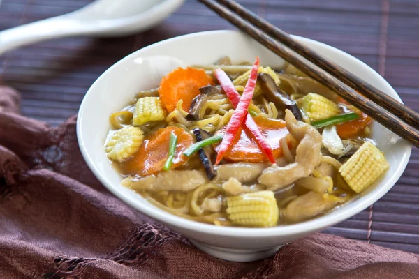 Egg noodle with chicken and mushroom gravy sauce — Stock Photo, Image