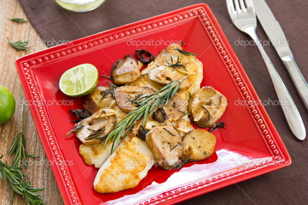 Grilled Dory Fish With Mushroom Sauteed — Stock Photo © vanillaechoes
