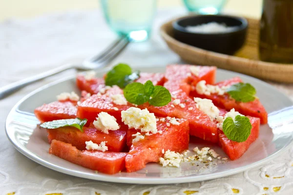 Watermelon with Feta cheese salad — Stock Photo, Image