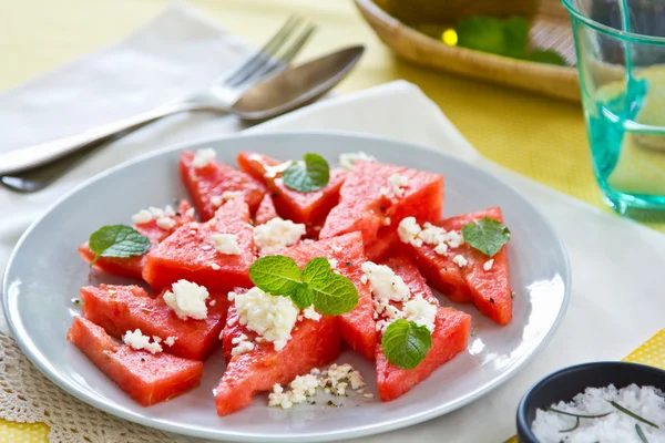 Watermelon with Feta cheese salad — Stock Photo, Image