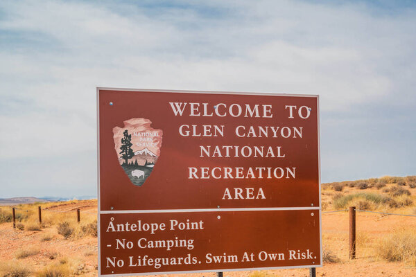 Glen Canyon NR, AZ, USA - Sept 26, 2020: A welcoming signboard at the entry point of the preserve park