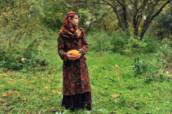 Red girl with pumpkin,  Cinderella — Stock Photo, Image