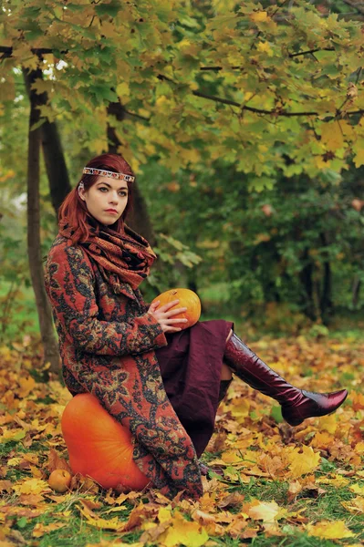 Red girl with pumpkin,  Cinderella — Stock Photo, Image