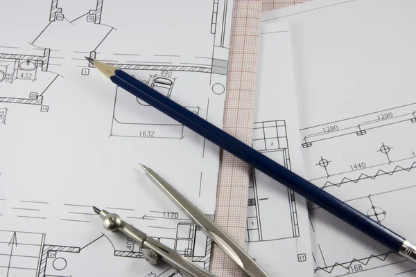 Építőipari rajzok ceruzával iránytű — Stock Fotó