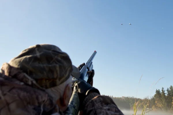 Jägare som syftar till en anka — Stockfoto