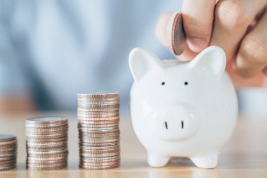 Para biriktirmek için kumbaraya para koyan adamın eli. Para ve finansal konsept tasarrufu