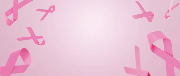 Breast Cancer Awareness Month Pink Ribbon symbol on pink background with copy space. 3D Render Illustration.