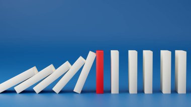 Beyaz domino etkisi kırmızı domino taşı tarafından durduruldu. İş krizi etkisi veya risk koruması, iş çözümü ve müdahale, liderlik, strateji geliştirme. 3 Boyutlu Resim Çizimi.