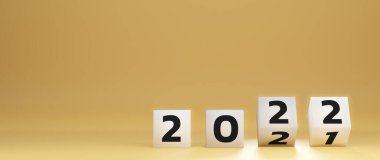 2022 'den 2022' ye kadar beyaz kübün değiştirilmesiyle 2021 'den 2022' ye kadar sarı zemin üzerinde fotokopi alanı ile değiştirildi. Mutlu yıllar konsepti. 3 Boyutlu Resim Çizimi.