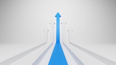 Lider mavi ok beyaz arka planda beyaz oku yönlendiriyor. Takım çalışması, İşbirliği, İş ortağı, Liderlik kavramı