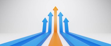 Lider turuncu ok beyaz arka planda mavi oku yönlendiriyor. Takım çalışması, İşbirliği, İş ortağı, Liderlik kavramı