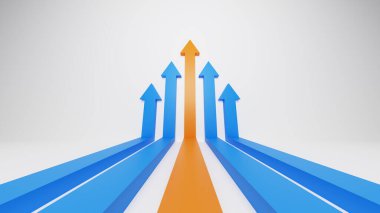 Lider turuncu ok beyaz arka planda mavi oku yönlendiriyor. Takım çalışması, İşbirliği, İş ortağı, Liderlik kavramı