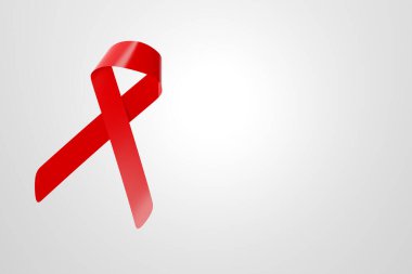 Dünya AIDS Günü farkındalık kurdelesi afişi, kırmızı kurdele sembolü beyaz zemin üzerinde fotokopi alanı. Sağlık ve Tıp Konsepti. 3 Boyutlu Resim Çizimi.