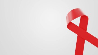 Dünya AIDS Günü farkındalık kurdelesi afişi, kırmızı kurdele sembolü beyaz zemin üzerinde fotokopi alanı. Sağlık ve Tıp Konsepti. 3 Boyutlu Resim Çizimi.