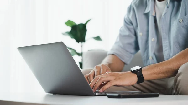 Close Man Hands Typing Laptop Keyboard Table Home Office Workplace — Stock fotografie