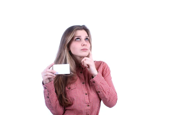 Mulher segurando cartão em branco — Fotografia de Stock