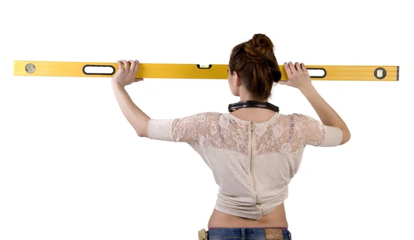 Vrouw die werkt met een gele lijn — Stockfoto