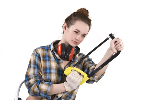 Girl with a saw — Stock Photo, Image