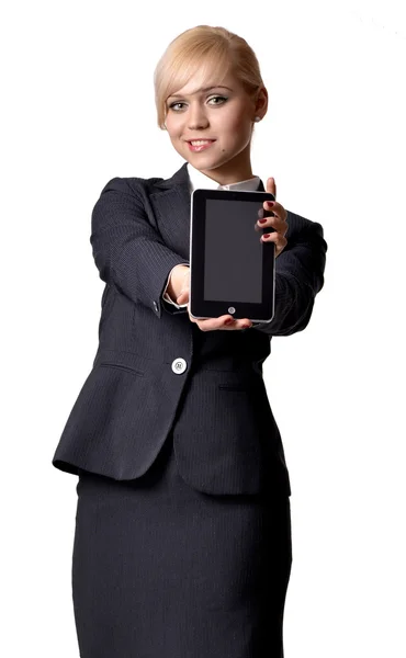 Menina em um estilo de negócio com um tablet — Fotografia de Stock