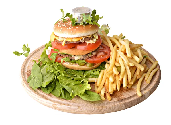 Hamburger, fries and a measuring tape. — Stock Photo, Image