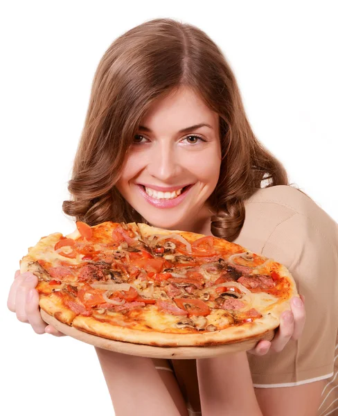 Holka inzeruje pizza — Stock fotografie