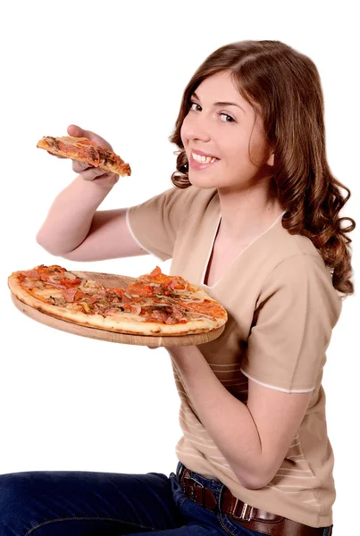 लड़की पिज्जा विज्ञापन करती है, कोशिश करती है और काटती है — स्टॉक फ़ोटो, इमेज