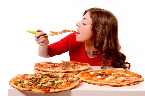 Girl tries three kinds of pizza — Stock Photo, Image