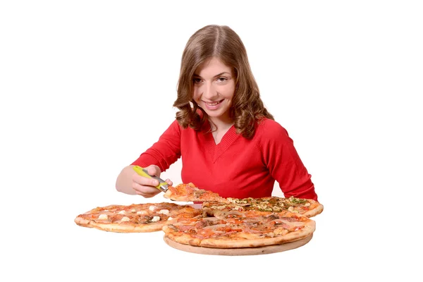 Flicka annonserar olika sorters pizza — Stockfoto